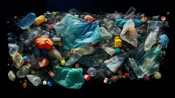 Arrêtez océan Plastique la pollution concept, environnement problème Plastique et microplastique sur le l'eau. génératif ai photo