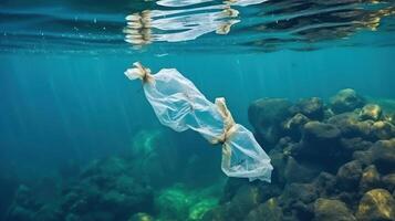 Arrêtez océan Plastique la pollution concept, environnement problème Plastique et microplastique sur le l'eau. génératif ai photo