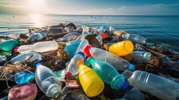 Arrêtez océan Plastique la pollution concept, environnement problème Plastique et microplastique sur le l'eau. génératif ai photo