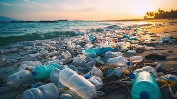 Arrêtez océan Plastique la pollution concept, environnement problème Plastique et microplastique sur le l'eau. génératif ai photo