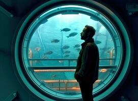 homme en train de regarder sous-marin monde par rond fenêtre dans aquarium établi avec génératif ai technologie. photo