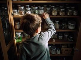 bambin bébé ouvert le cabinet tiroir avec pilules et médicament. enfant garçon en portant une pack de pilules dans le Accueil vivant pièce établi avec génératif ai technologie. photo