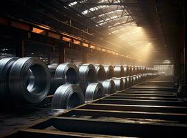 Rouleaux de galvanisé acier feuille à l'intérieur le usine ou entrepôt. établi avec génératif ai technologie. photo