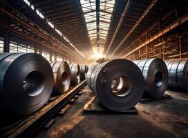 Rouleaux de galvanisé acier feuille à l'intérieur le usine ou entrepôt. établi avec génératif ai technologie. photo