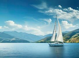 voile bateau dans le mer contre le toile de fond de montagnes. établi avec génératif ai technologie. photo