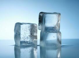 Trois fusion la glace cubes sur verre tableau. sur blanc Contexte. établi avec génératif ai technologie. photo