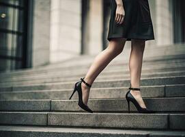 jambes et pieds détail de femme d'affaires escalade escaliers en plein air. établi avec génératif ai technologie. photo