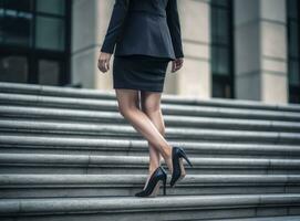 jambes et pieds détail de femme d'affaires escalade escaliers en plein air. établi avec génératif ai technologie. photo