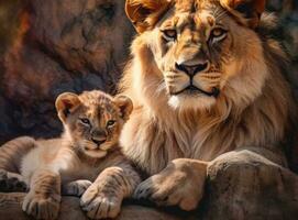 cette fier Masculin africain Lion est câliné par le sien lionceau pendant un affectueux moment. établi avec génératif ai technologie. photo