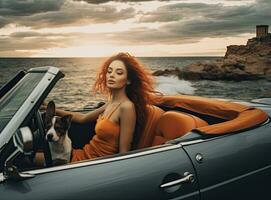 femme profiter magnifique vue sur le océan, séance sur le convertible voiture sur le rocheux côte pendant une le coucher du soleil. établi avec génératif ai technologie. photo
