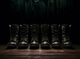 militaire bottes sur le jambes de soldats dans une ligne. établi avec génératif ai technologie. photo