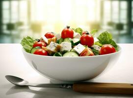 vert salade avec tomate et Frais des légumes isolé sur blanc Contexte. établi avec génératif ai technologie. photo