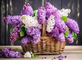 fraîchement Couper fleurs de lilas. lilas de le jardin dans osier panier. établi avec génératif ai technologie. photo