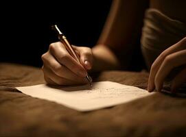 mains de Jeune femme en portant manuscrit lettre. établi avec génératif ai technologie. photo