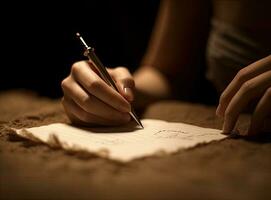 mains de Jeune femme en portant manuscrit lettre. établi avec génératif ai technologie. photo