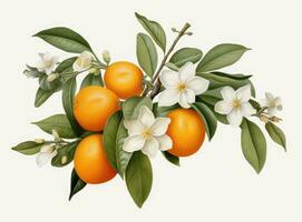 une branche de un Orange ou mandarine arbre avec des fruits et fleurs, isolé sur une blanc Contexte. établi avec génératif ai technologie. photo