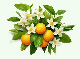 une branche de un Orange ou mandarine arbre avec des fruits et fleurs, isolé sur une blanc Contexte. établi avec génératif ai technologie. photo