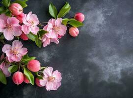 Pomme fleur arbre branche sur pierre tableau. Haut vue plat allonger avec copie espace, modèle pour votre printemps carte. établi avec génératif ai technologie. photo