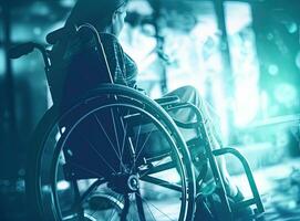 la personne dans fauteuil roulant suivant à un Bureau bureau, main proche en haut, méconnaissable personne. établi avec génératif ai technologie. photo