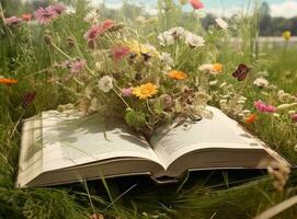 ouvert livre dans le herbe sur le champ sur ensoleillé journée dans printemps. magnifique Prairie avec Marguerite et pissenlit fleurs à printemps. établi avec génératif ai technologie. photo