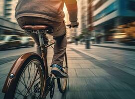 Jeune sport femme équitation vélo dans le soir dans Publique parc. magnifique athlète en forme et raffermir fille dans tenue de sport porter casque, exercice par cyclisme entraînement. établi avec génératif ai technologie. photo