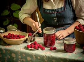 concept de cuisine framboise confiture sur blanc en bois tableau. établi avec génératif ai technologie. photo