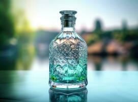 l'eau de cruche verser dans verre sur en bois table en plein air. établi avec génératif ai technologie. photo