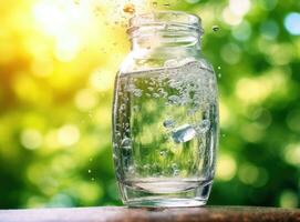 l'eau de cruche verser dans verre sur en bois table en plein air. établi avec génératif ai technologie. photo