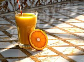 Orange confiture ou juce dans une verre pot et Frais des oranges sur une blanc marbre Contexte. établi avec génératif ai technologie. photo