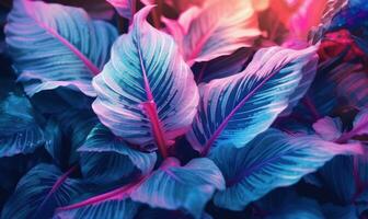 tropical feuilles dans néon rose lumière fond d'écran. exotique feuillage Contexte. Naturel texturé. pour carte postale, livre illustration. établi avec génératif ai outils photo