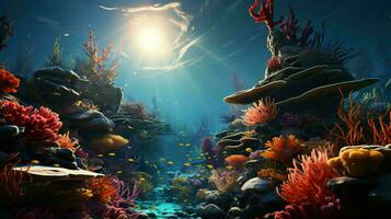 sous-marin monde avec poisson et coraux. sous-marin vue de mari des poissons et les plantes. ai généré photo