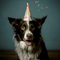 marrant portrait de mignonne sourire chiot chien frontière colley portant anniversaire fête chapeau sur bleu Contexte. Nouveau année et Noël vacances concept photo