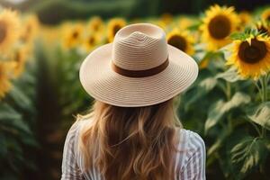magnifique femme dans une paille chapeau permanent dans une tournesol champ photo