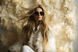 fille avec blanc des lunettes de soleil et longue cheveux séance sur une blanc mur, dans le style de exotique flore et faune photo