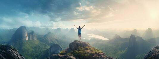 femme permanent sur Haut de le Montagne avec bras tendu contre le Montagne paysage photo