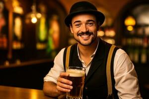 Jeune homme dans traditionnel allemand vêtements avec Bière sur solide Jaune Contexte photo