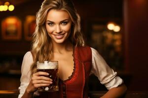 Jeune femme dans traditionnel allemand vêtements avec Bière sur solide rouge Contexte photo