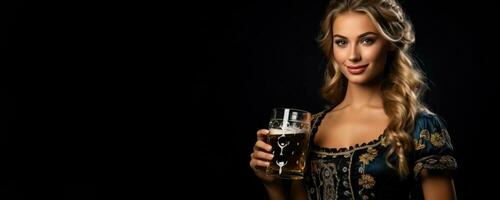 Jeune femme dans traditionnel allemand vêtements avec Bière sur solide noir Contexte photo