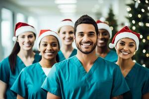 équipe de infirmières dans une hôpital sur Noël photo dans Père Noël chapeau