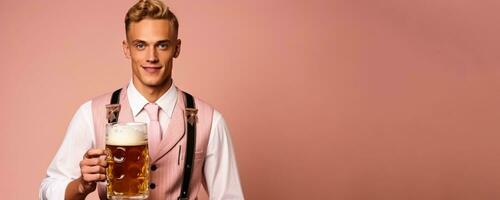 Jeune homme dans traditionnel allemand vêtements avec Bière sur solide rose Contexte photo