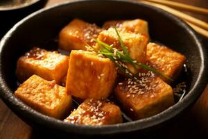 fermer Haut vue de Ingrédients Profond frit Tofu, Japonais aliments. ai généré. photo