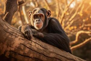 chimpanzé dans nature, nationale géographie, large la vie animaux. ai généré. photo