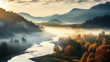 l'automne paysage avec brumeux montagnes et vibrant feuillage, ai généré photo