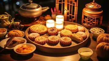 chinois traditionnel milieu l'automne Festival lune gâteau dans en bois plaque, ai généré photo