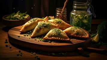 appétissant image de fromage et épinard Empanadas sur une rustique en bois plaque, généré par ai photo