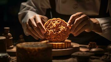 une qualifié Pâtisserie chef soigneusement assemblage et garnir lune Gâteaux, ai généré photo