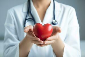 médecin mains en portant rouge cœur. ai généré. photo