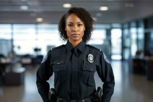 portrait de sur de soi noir américain femme police officier permanent dans bureau. ai génératif photo