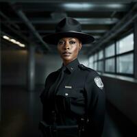 portrait de une africain américain femelle police officier portant une noir chapeau et uniforme. ai génératif photo