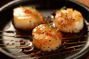 fermer Haut vue de Ingrédients brûlé coquille, Japonais aliments. ai généré. photo